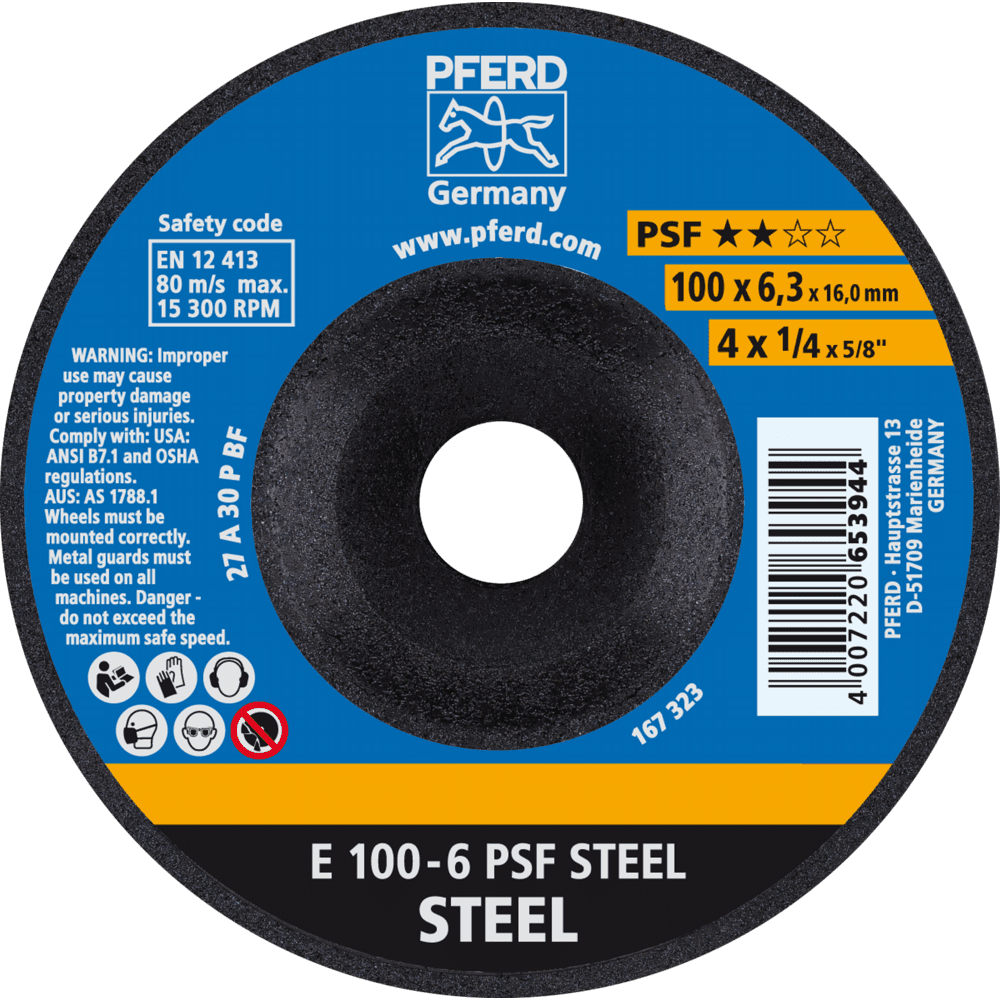 PFERD Schruppscheibe E 100x6,3x16 mm Universallinie PSF STEEL für Stahl