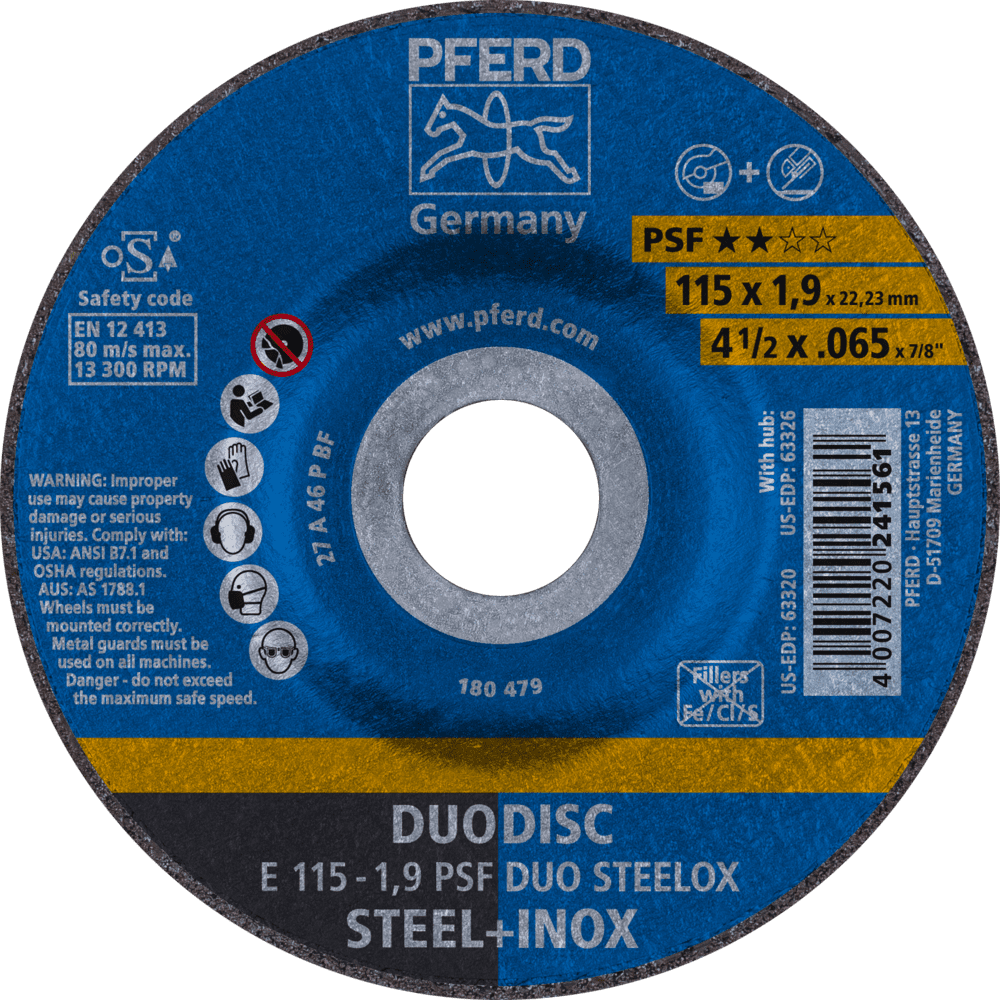 PFERD DUODISC Trenn-/Schleif. E 115x1,9x22,23 mm gekr. Uni.-Linie PSF DUO STEELOX f. Stahl/VA