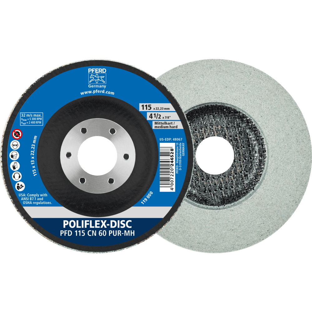 PFERD Poliflex Disc PFD Ø 115x14 mm Bohrung-Ø 22,23 mm Bindung PUR Mittelhart SIC60 PFERD Poliflex Disc PFD Ø 115x14 mm Bohrung-Ø 22,23 mm Bindung PUR Mittelhart SIC60