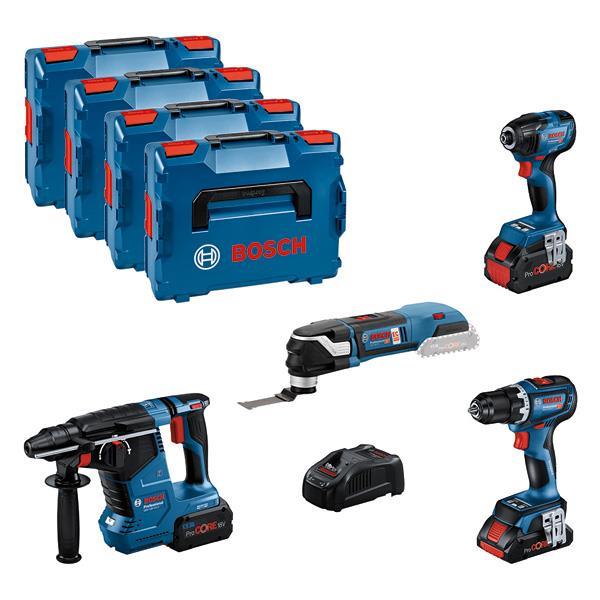 BOSCH Combo Kit Set mit 4x 18V: GSR 18V-90C/GDR 18V-210C/GBH18V-24C/GOP18V-28, 3x Akku