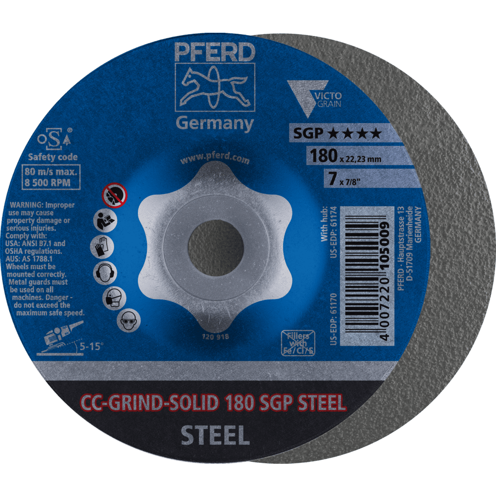 PFERD CC-GRIND SOLID Schleifscheibe 180x22,23 mm COARSE Speziallinie SGP STEEL für Stahl