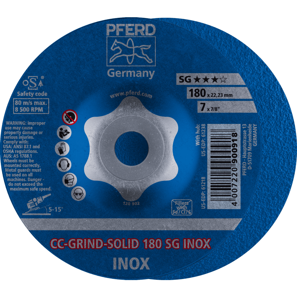 PFERD CC-GRIND SOLID Schleifscheibe 180x22,23 mm COARSE Leistungslinie SG INOX für Edelstahl