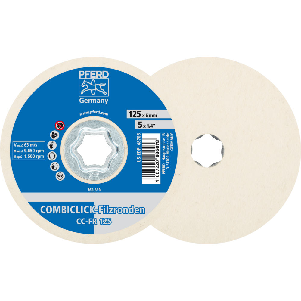 PFERD COMBICLICK Filzronden CC-FR Ø 125 mm für Vor-und Hochglanzpolitur mit Winkelschleifer (2) PFERD COMBICLICK Filzronden CC-FR Ø 125 mm für Vor-und Hochglanzpolitur mit Winkelschleifer (2)