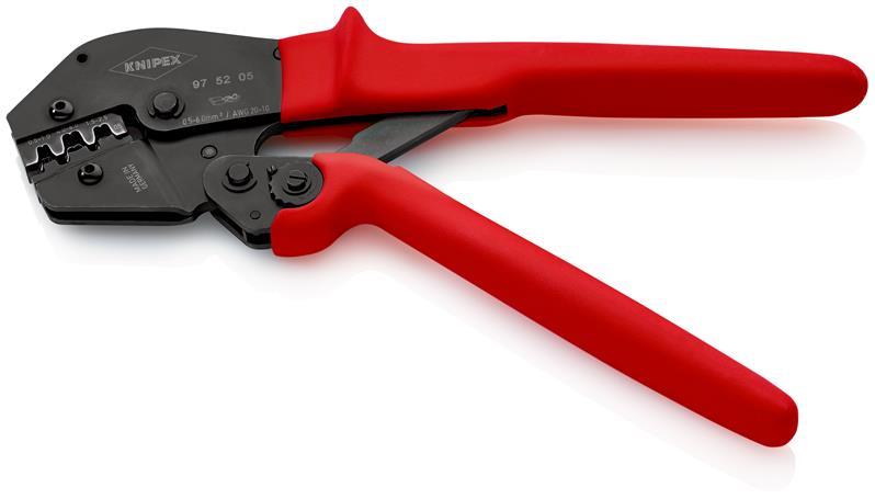 KNIPEX 97 52 05 SB Crimpzange auch für Zweihandbedienung mit rutschhemmenden Kunststoff-Hüllen brüniert 250 mm (SB-Karte/Blister