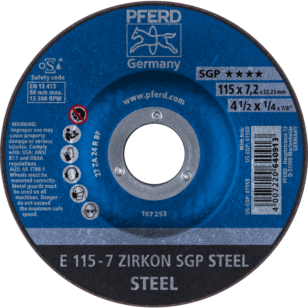 PFERD Schruppscheibe E 115x7,2x22,23 mm ZIRKON Speziallinie SGP STEEL für Stahl