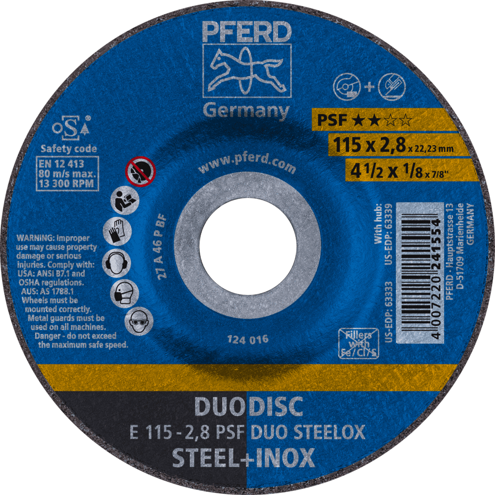 PFERD DUODISC Trenn-/Schleif. E 115x2,8x22,23 mm gekr. Uni.-Linie PSF DUO STEELOX f. Stahl/VA