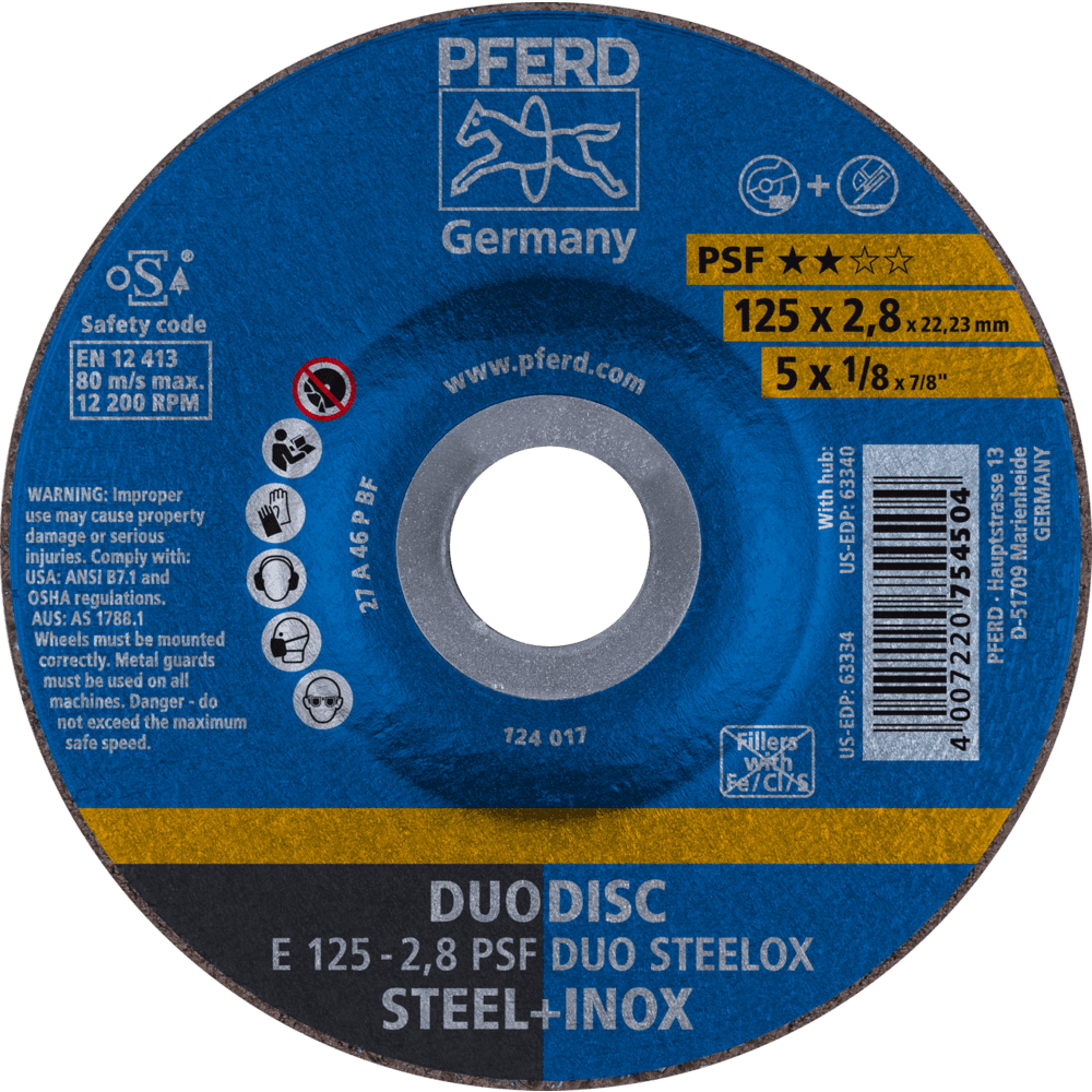 PFERD DUODISC Trenn-/Schleif. E 125x2,8x22,23 mm gekr. Uni.-Linie PSF DUO STEELOX f. Stahl/VA