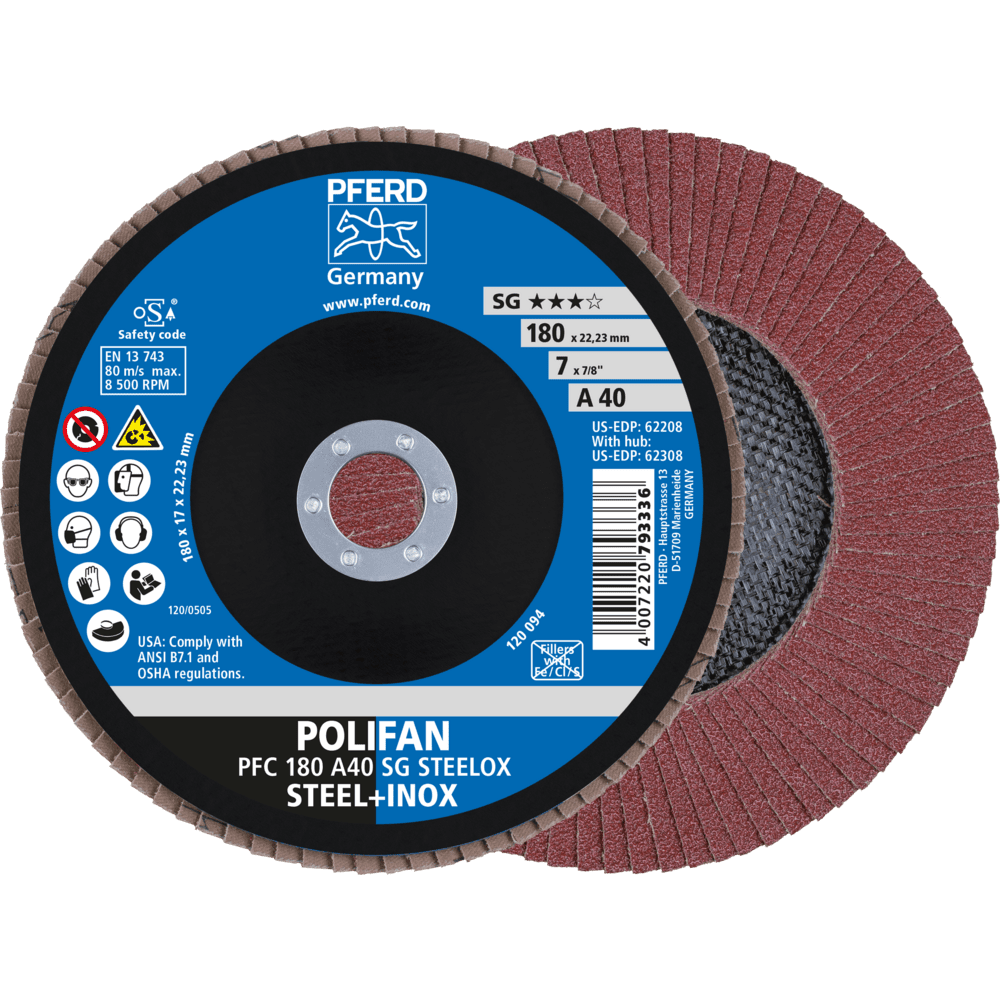 PFERD POLIFAN Fächerscheibe PFC 180x22,23 mm konisch A40 SG STEELOX Stahl/Edelstahl