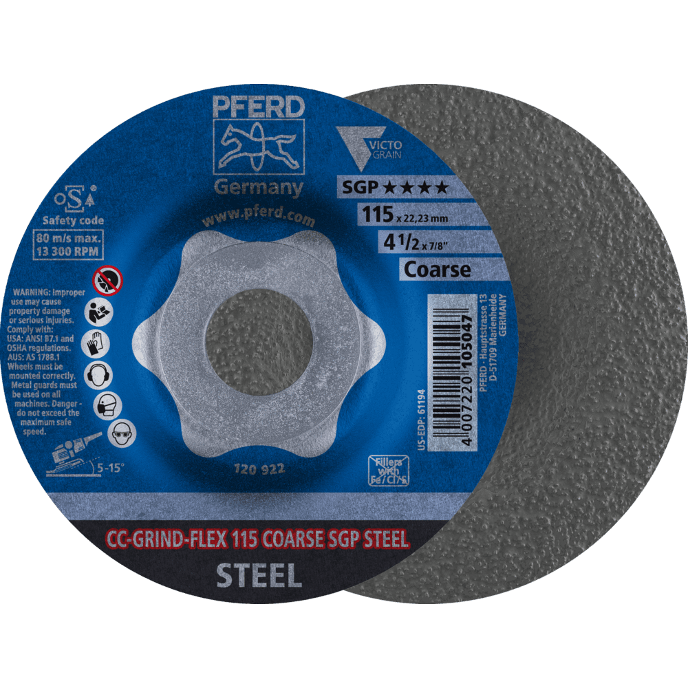 PFERD CC-GRIND FLEX Schleifscheibe 115x22,23 mm COARSE Speziallinie SGP STEEL für Stahl