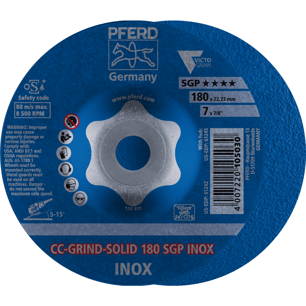 PFERD CC-GRIND SOLID Schleifscheibe 180x22,23 mm COARSE Speziallinie SGP INOX für Edelstahl