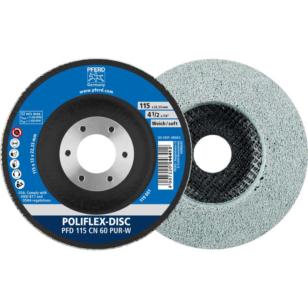 PFERD Poliflex Disc PFD Ø 115x14 mm Bohrung-Ø 22,23 mm Bindung PUR Weich SIC60 PFERD Poliflex Disc PFD Ø 115x14 mm Bohrung-Ø 22,23 mm Bindung PUR Weich SIC60