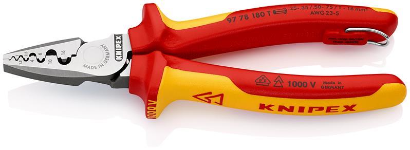 KNIPEX 97 78 180 T Crimpzange für Aderendhülsen isoliert mit Mehrkomponenten-Hüllen, VDE-geprüft; mit integrierter isolierter Be