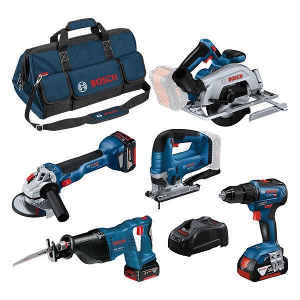 BOSCH Combo Kit Set, 5 18V: GSR 18V-55/GWS 18V-10/GKS 18V-57-2/GSA 18V-LI/GST 18V-125B