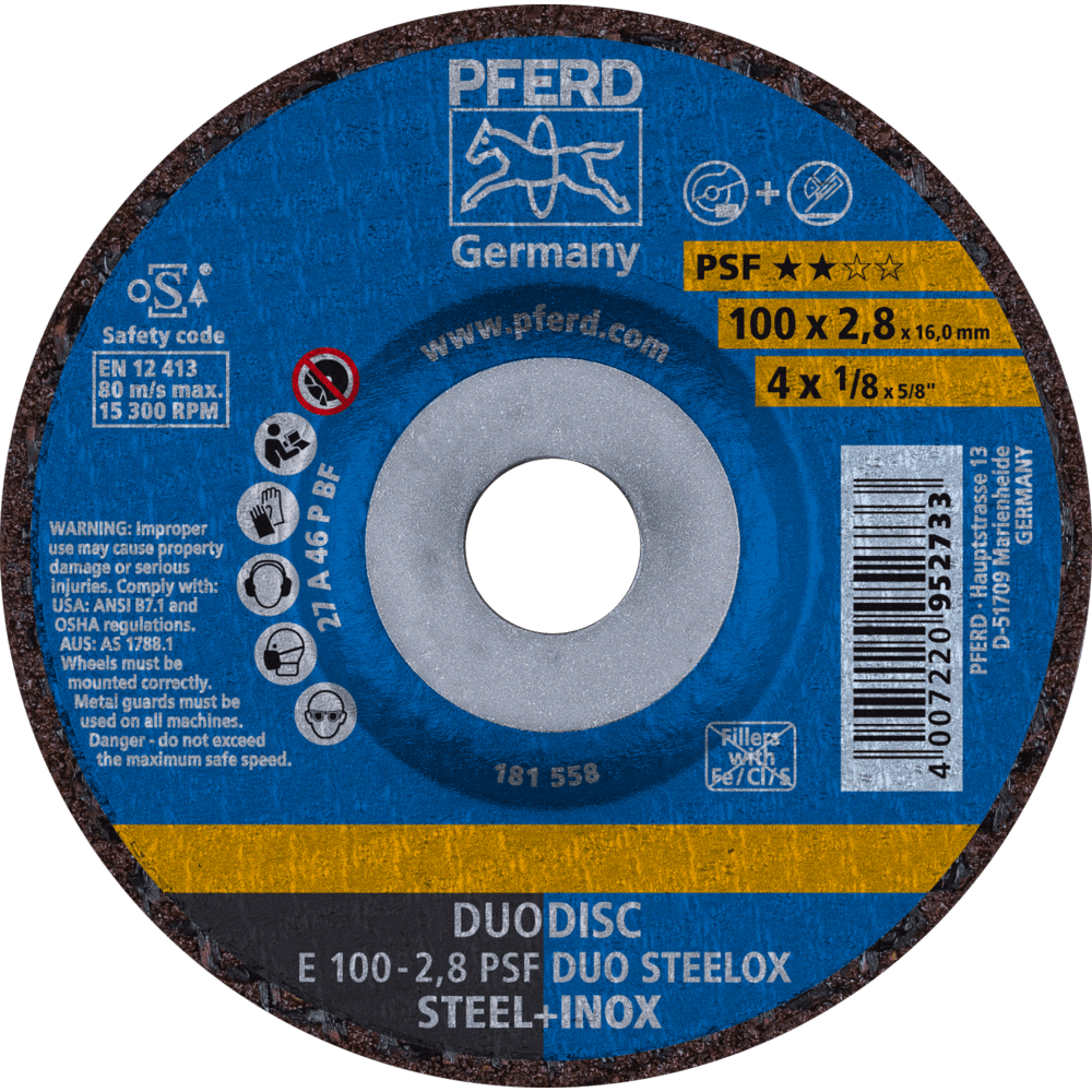 PFERD DUODISC Trenn-/Schleif. E 100x2,8x16 mm gekr. Uni.-Linie PSF DUO STEELOX f. Stahl/Edelstahl