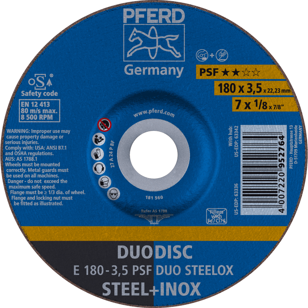 PFERD DUODISC Trenn-/Schleif. E 180x3,5x22,23 mm gekr. Uni.-Linie PSF DUO STEELOX f. Stahl/VA