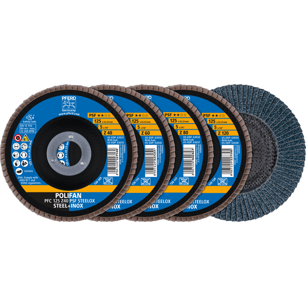 PFERD POLIFAN Fächerscheiben Set PFC 125 konisch Z40/60/80/120 PSF STEELOX für Stahl/Edelstahl PFERD POLIFAN Fächerscheiben Set PFC 125 konisch Z40/60/80/120 PSF STEELOX für Stahl/Edelstahl