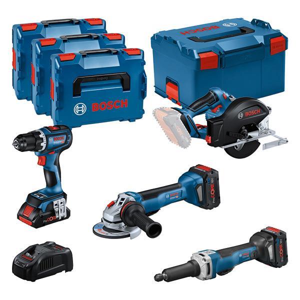 BOSCH Combo Kit Set mit 4 18V-Werkzeugen: GSR, GWS, GKM, GGS, 3 x Akku