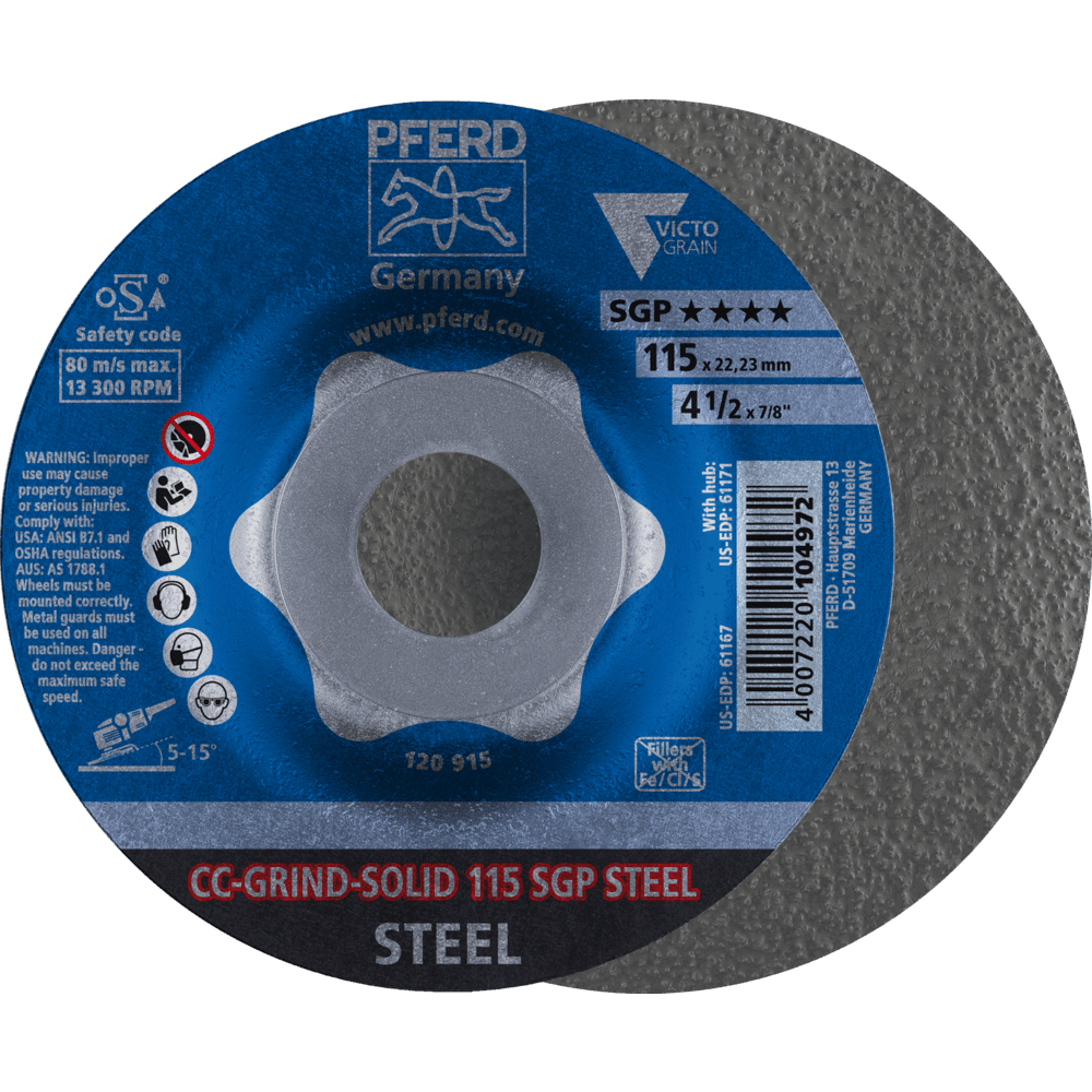 PFERD CC-GRIND SOLID Schleifscheibe 115x22,23 mm COARSE Speziallinie SGP STEEL für Stahl