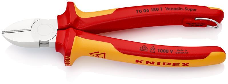 KNIPEX 70 06 180 T Seitenschneider isoliert mit Mehrkomponenten-Hüllen, VDE-geprüft; mit integrierter isolierter Befestigungsöse