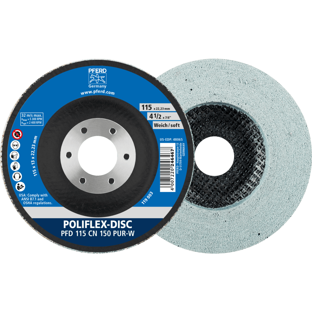 PFERD Poliflex Disc PFD Ø 115x14 mm Bohrung-Ø 22,23 mm Bindung PUR Weich SIC150 PFERD Poliflex Disc PFD Ø 115x14 mm Bohrung-Ø 22,23 mm Bindung PUR Weich SIC150