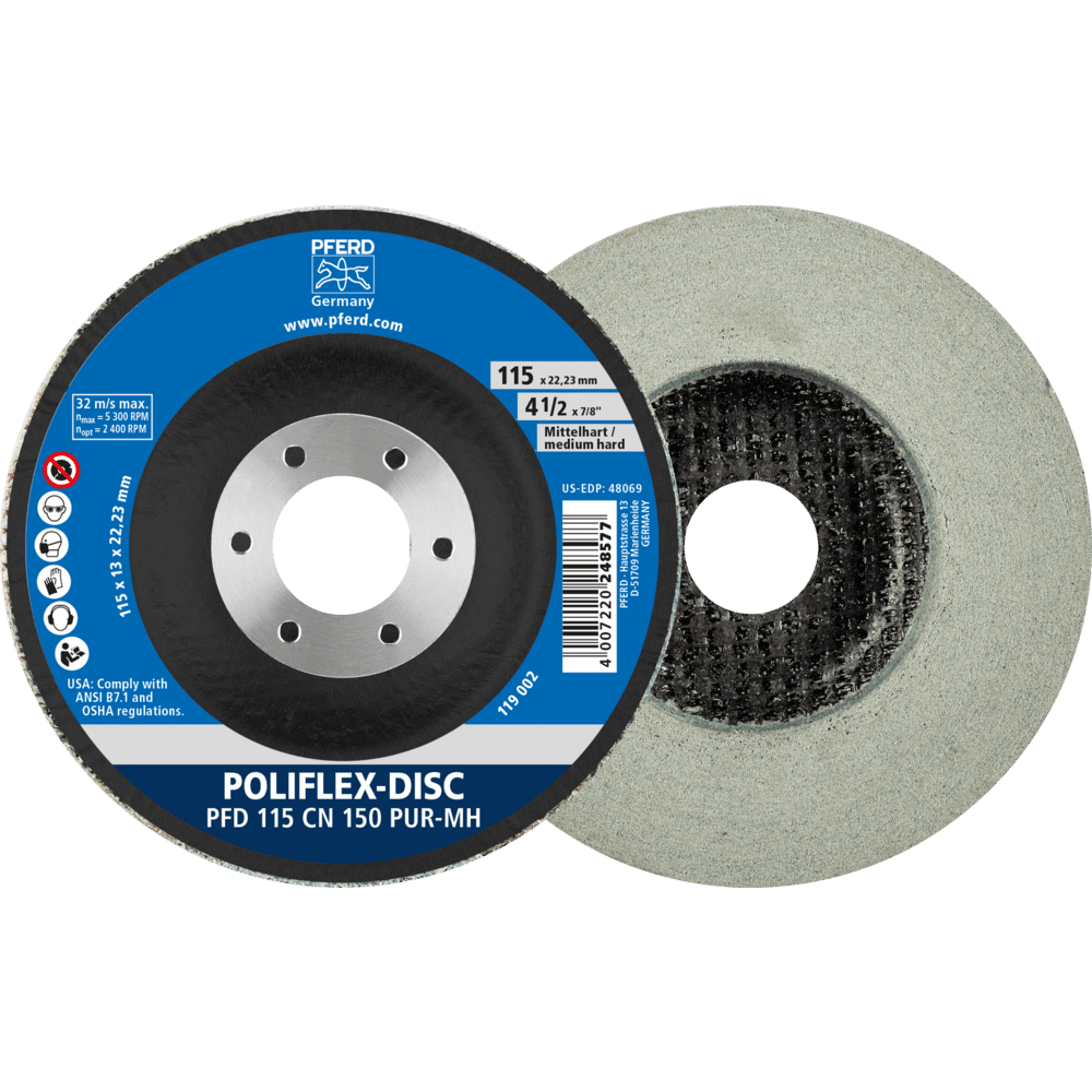 PFERD Poliflex Disc PFD Ø 115x14 mm Bohrung-Ø 22,23 mm Bindung PUR Mittelhart SIC150 PFERD Poliflex Disc PFD Ø 115x14 mm Bohrung-Ø 22,23 mm Bindung PUR Mittelhart SIC150