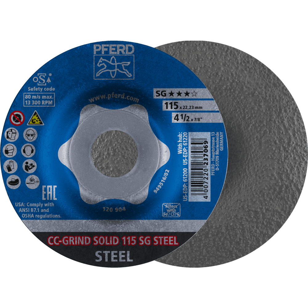 PFERD CC-GRIND SOLID Schleifscheibe 115x22,23 mm COARSE Leistungslinie SG STEEL für Stahl