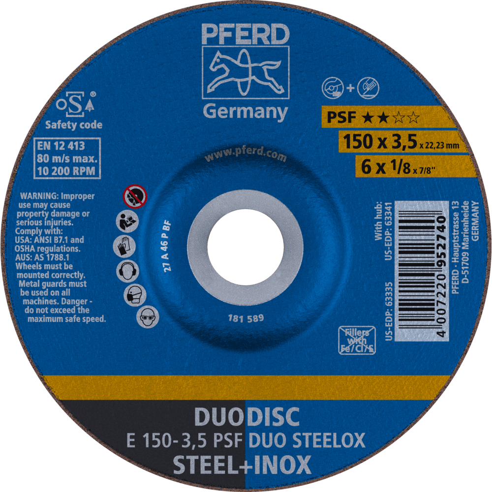 PFERD DUODISC Trenn-/Schleif. E 150x3,5x22,23 mm gekr. Uni.-Linie PSF DUO STEELOX f. Stahl/VA