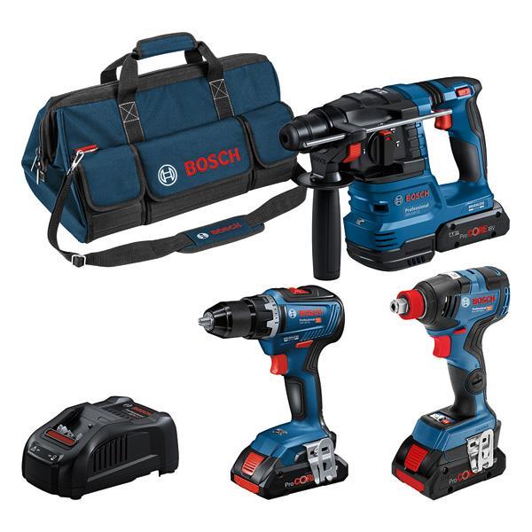 BOSCH Combo Kit 3-tlg. 18V: GSR 18V-55/GDX 18V-200/GBH 18V-22, 3 x Akku, Schnellladeg.