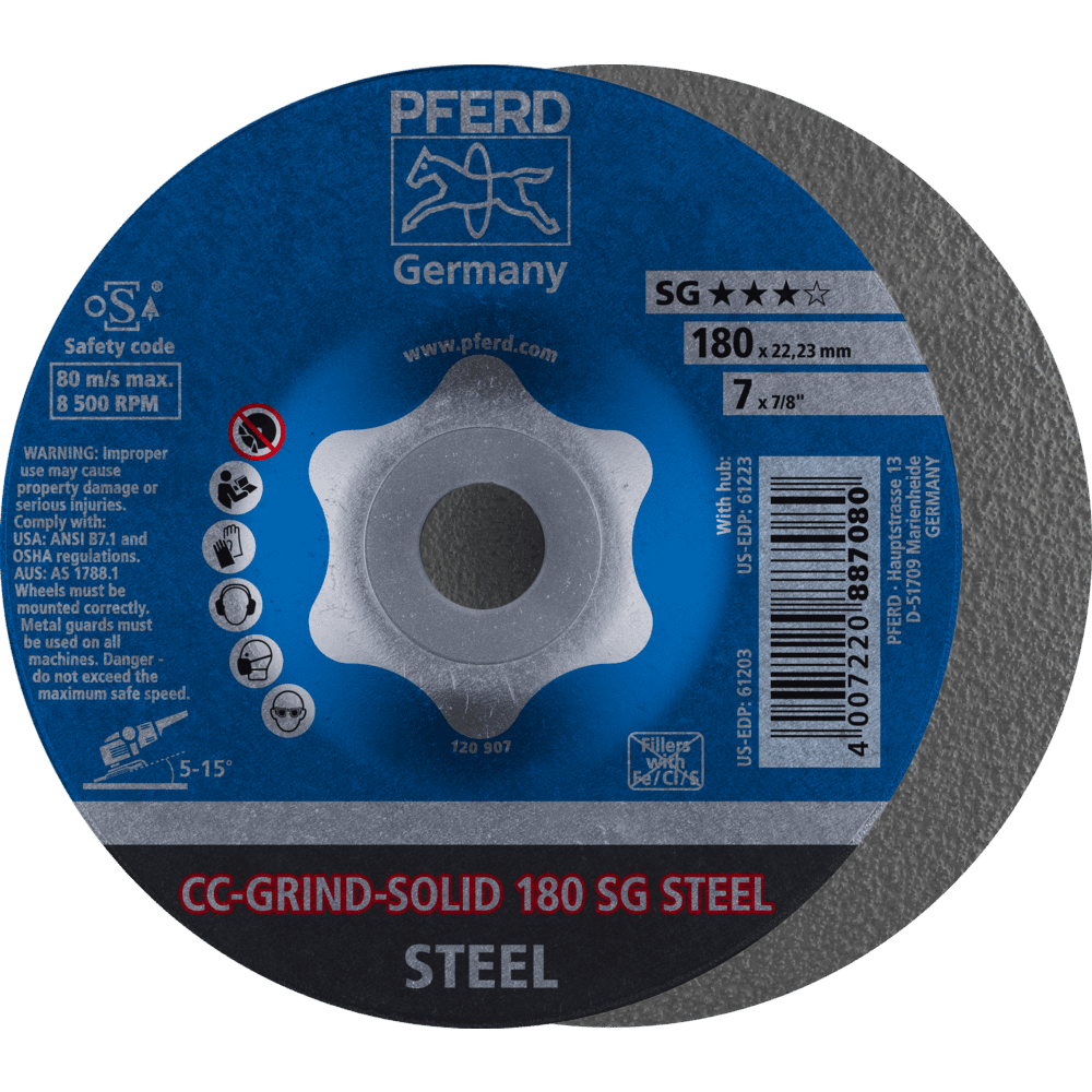 PFERD CC-GRIND SOLID Schleifscheibe 180x22,23 mm COARSE Leistungslinie SG STEEL für Stahl