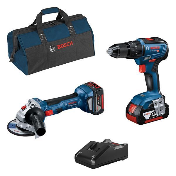 BOSCH Combo Kit 18V kit: GSB + GWS, 2 x Akku GBA 18V 4.0Ah, Schnellladegerät, Tasche