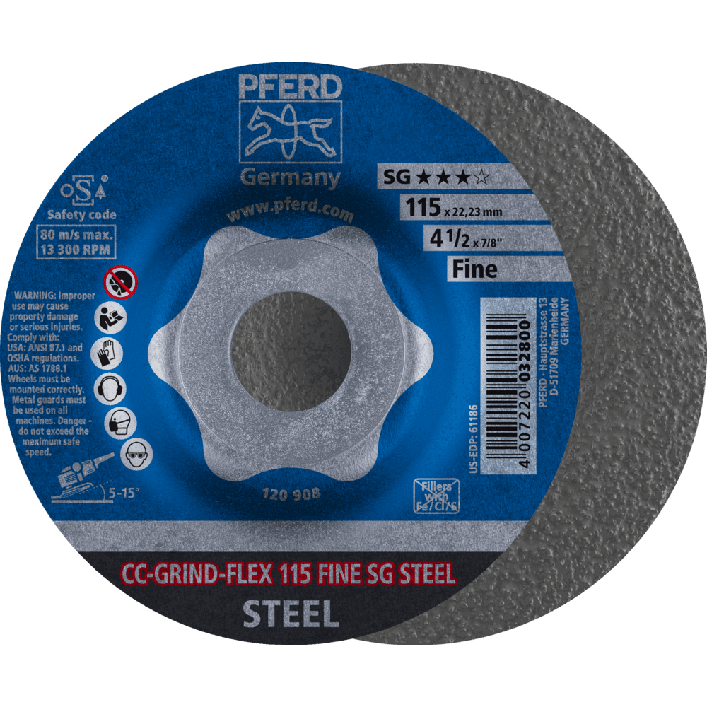 PFERD CC-GRIND FLEX Schleifscheibe 115x22,23 mm FINE Leistungslinie SG STEEL für Stahl